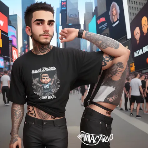 Criar imagem pixar, jovem careca, barba escura, brinco na olha esquerda, tattooed right arm, black skinny pants, camiseta da vans, sneakers Vans, na times square