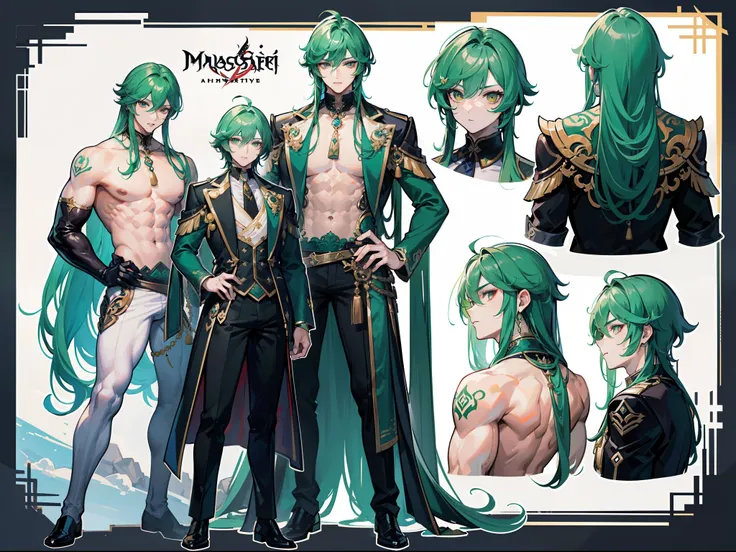 ((Masterpiece, Highest quality)), Male, boy, Detailed face, character design sheet， full bodyesbian, Full of details, frontal body view, back body view, Highly detailed, Depth, Many parts, Muscle boy with long green hair with long bangs，handsome man, muscl...