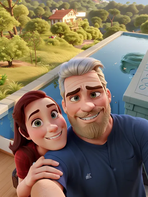 romantic couple. O homem tem cabelo e barba grisalha.  A mulher tem cabelo loiro. Disney Pixar.