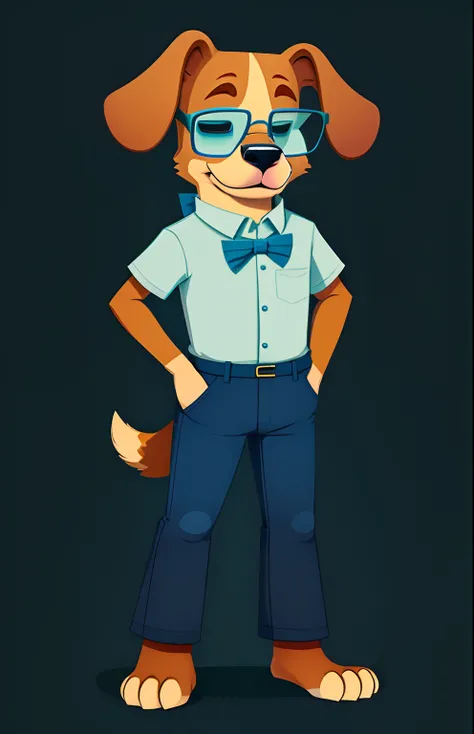 An anthropomorphic dog wearing glasses, a shirt, some blue pants, and should have plantigrade feet with three toes each. Cartoon style.