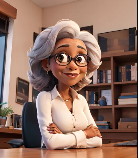 masterpiece, best quality ,Portrait of mid adult successful black mature woman looking at camera with arms crossed. Smiling african american business woman standing in new office .Portrait of mature woman.