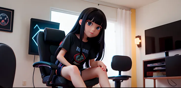 girl with black long hair with bangs wearing black shirt with black shorts sitting in a gamer chair inside a gamer room with lights off with LEDs rgb darkest gamer room, dark gamer room, blacked out, holding DISCORD badge