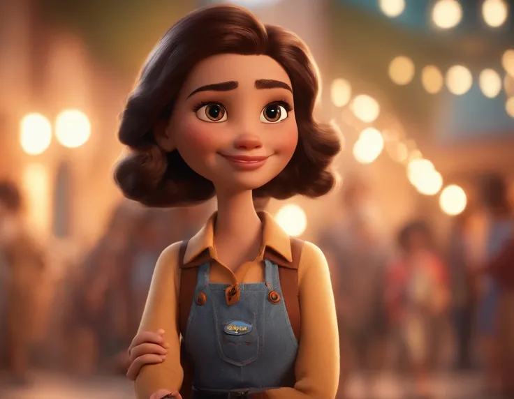 uma mulher estilo pixar/disney, alta qualidade, de frente para o espelho, Authentic, alegre, curiosa, cabelos ondulados longos e loiros, olhos grandes e castanhos, Instagram Icons, whatsapp, Facebook and chat bubbles in the background, movie title "Gabi, t...