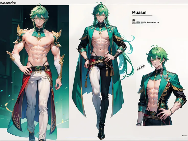 ((Masterpiece, Highest quality)), Male, boy, Detailed face, character design sheet， full bodyesbian, Full of details, frontal body view, back body view, Highly detailed, Depth, Many parts, Muscle boy with long green hair with long bangs，handsome man, muscl...