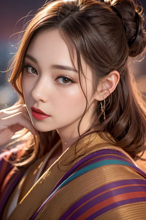 1womanl、(Super beautiful)、(beauitful face:1.5)、(A detailed face)、Early 30s、(Kimono)、Wearing heavy makeup、(red-lips)、Brown hair、(Immediately after sunset:1.2)、(Back lighting)、A scent that cant be hidden、Before you know it, Its ingrained in you、If someone ta...