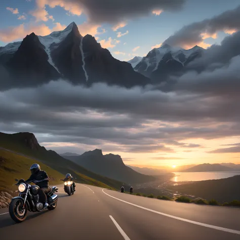 some motorcyclists descending a winding road between the mountains by the sea with their motorcycles. Sunset with cloudy sky.