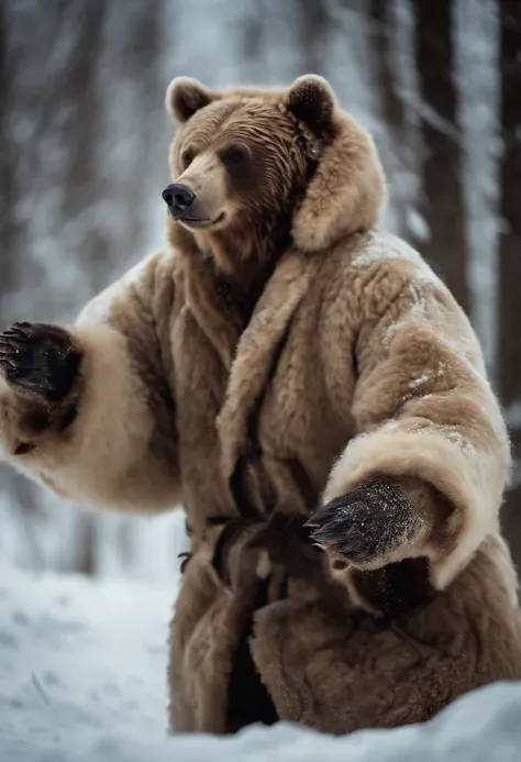 (Russian winter, (((wild bear)) in a sheepskin coat and boots), dancing in a hop,  national Russian costumes, clothes in Russian folk style, embroidery on clothes), ((glow)), hyper-detail, hyper-realism, sharp shot, cinematic, dark theme action-packed back...