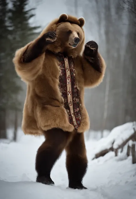 (Russian winter, (((wild bear)) in a sheepskin coat and boots), dancing in a hop,  national Russian costumes, clothes in Russian folk style, embroidery on clothes), ((glow)), hyper-detail, hyper-realism, sharp shot, cinematic, dark theme action-packed back...