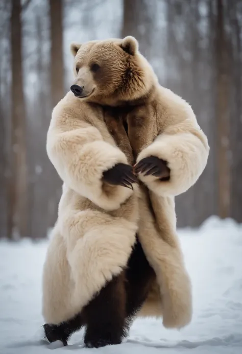 (Russian winter, (((wild bear)) in a sheepskin coat and boots), dancing in a hop,  national Russian costumes, clothes in Russian folk style, embroidery on clothes), ((glow)), hyper-detail, hyper-realism, sharp shot, cinematic, dark theme action-packed back...