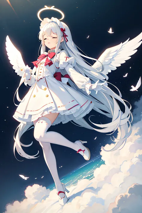 Angel, lolita, white long gloves, eyes closed, halo, white tights, white high heel shoes, flying