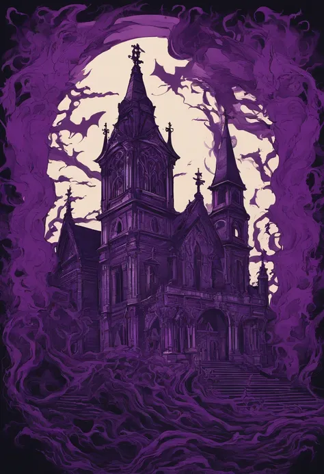 Gigantic demon behind a church in purple flames