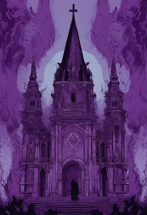 Gigantic demon behind a church in purple flames