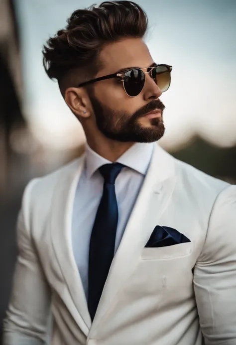 Leve-me uma foto de um modelo masculino branco, cabelo liso castanho penteado de lado, em um terno e gravata