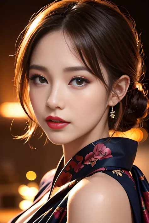 1womanl、(Super beautiful)、(beauitful face:1.5)、(A detailed face)、Early 30s、(Kimono)、Wearing heavy makeup、(red-lips)、Brown hair、(Immediately after sunset:1.2)、(Back lighting)、A scent that cant be hidden、Before you know it, Its ingrained in you、If someone ta...