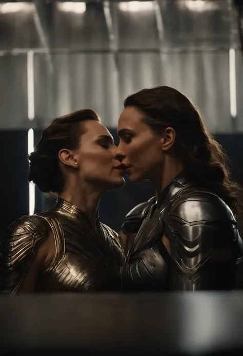 naked and sweaty Scarlett Johansson and Gal Gadot kissing. nsfw. passionate. sexual. erotic. pornographic