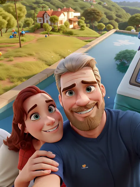 romantic couple. O homem tem cabelo e barba grisalha.  A mulher tem cabelo loiro claro. Disney Pixar.