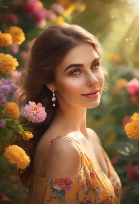 (highres:1.2), beautiful detailed eyes, beautiful detailed lips, long eyelashes, brunette girl, wearing a colorful summer dress, standing in a vibrant garden, surrounded by blooming flowers and lush greenery, with a golden sunshine illuminating her delicat...