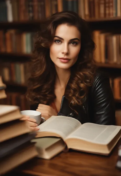 Woman with delicate face, very airy, Brazilian italinosis, very white skin, wavy hair, big light brown eyes with big light brown eyelashes with pants with close blouse and leather jacket sitting in a library full of books reading with coffee on the table
P...