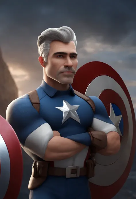 Personagem de desenho animado inspirado na Pixar de um homem, 41 years old with half thick lips with harmonious color with the face, com olhos  castanhos, Navy blue t-shirt with Captain America shield print, Gray hair with tuft modern animation style rende...