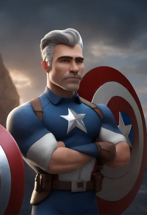 Personagem de desenho animado inspirado na Pixar de um homem, 41 years old with half thick lips with harmonious color with the face, com olhos  castanhos, Navy blue t-shirt with Captain America shield print, Gray hair with tuft modern animation style rende...