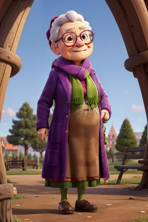 masterpiece, best quality, an old woman with glasses and a scarf on, wearing a purple coat and green scarf, standing at the park