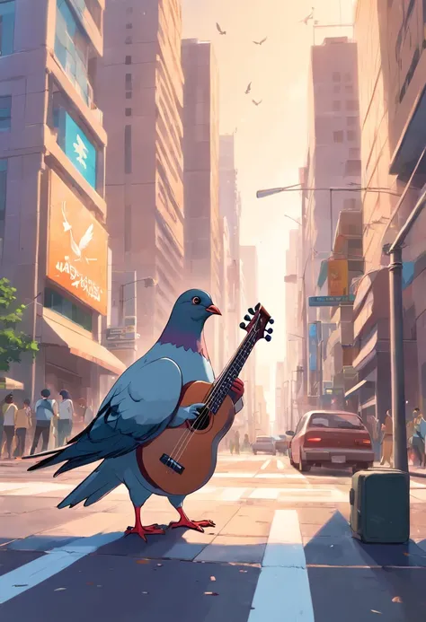 A pidgeon playing bass in the middle of Sao Paulo city in Brazil