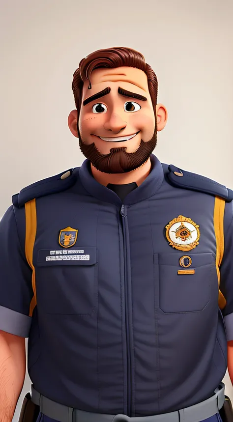 Homem branco, com barba feita, cabelo curto com o seu uniforme de trabalho. Displays a smile and an expression of confidence.