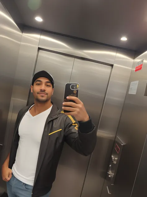 there is a man taking a selfie in a elevator, taken in the early 2020s, Selfie!!!!! de um homem, em um elevador, Selfie de um homem, Fotografia Selfie 8k, imagem de qualidade muito baixa, taken in the late 2010s, foto Selfie, Selfie espelho, No meio de Nov...