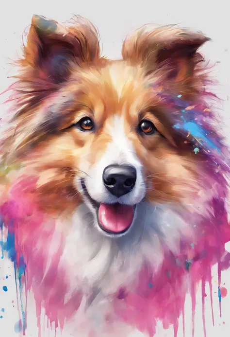 arte splash, a Shetland sheepdog, ((fundo branco)), pink nose, olhos penetrantes, epic instagram, art-station, estilo splash de tinta colorida, contorno, hiperdetalhado intrincadamente detalhado , Motor irreal, genial, detalhes intrincados, tela inicial, c...