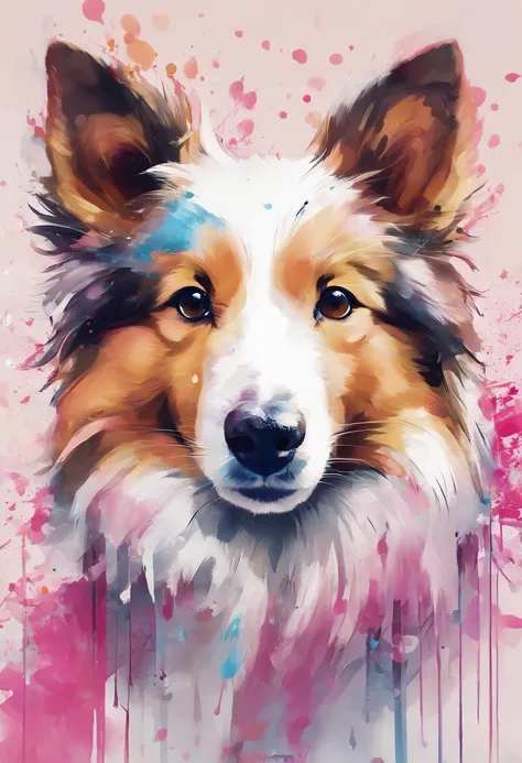 arte splash, a Shetland sheepdog, ((fundo branco)), pink nose, olhos penetrantes, epic instagram, art-station, estilo splash de tinta colorida, contorno, hiperdetalhado intrincadamente detalhado , Motor irreal, genial, detalhes intrincados, tela inicial, c...