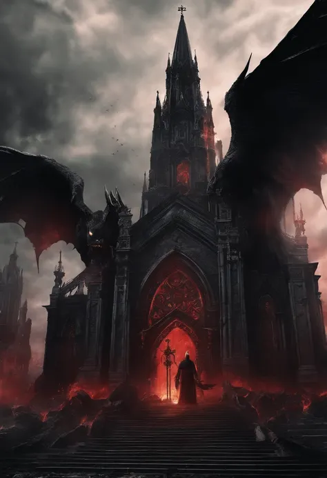 (best quality,4k,8k,highres,masterpiece:1.2),ultra-detailed,(realistic,photorealistic,photo-realistic:1.37),enormous demonic figure,behind a church,in a scene of black flames,gigantic demon with dark wings,menacing aura,ominous presence,fiery embers swirli...