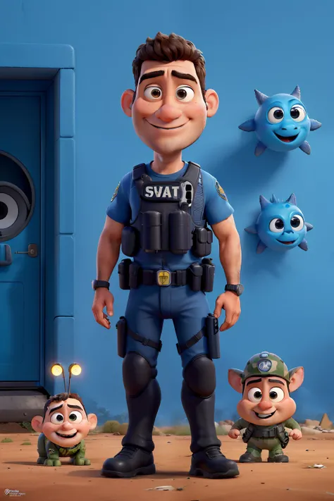 Criar um poster estilo pixar, SWAT, Bomb Squad, policial moreno, careca, sem barba, desarmando uma bomba, com trage, BOPE PMPR