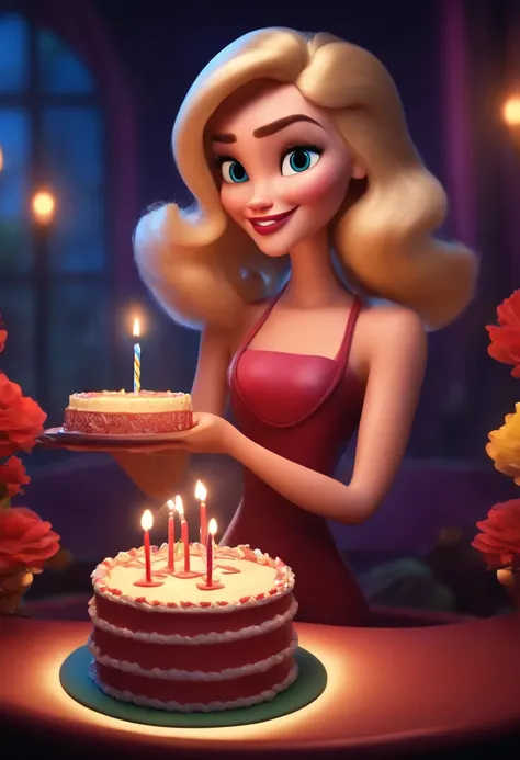 Pixar Style Image with 3D Character Blonde Woman Holding a Birthday Cake on Disney Stage