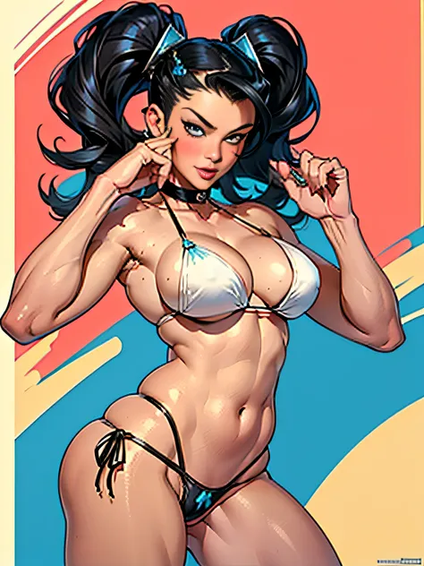 (high quality, best rendering), (beautiful girl), Blue Eyes,black hair, (bombshell, pin-up style), psychopath, crazy face, sexy pose, 2 piece outfit, pastel, centered, scale to fit dimensions, micro thong, micro bikini, camel toe