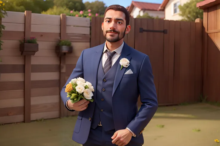 careca, com barba, with bouquet dress pants and wooden wall