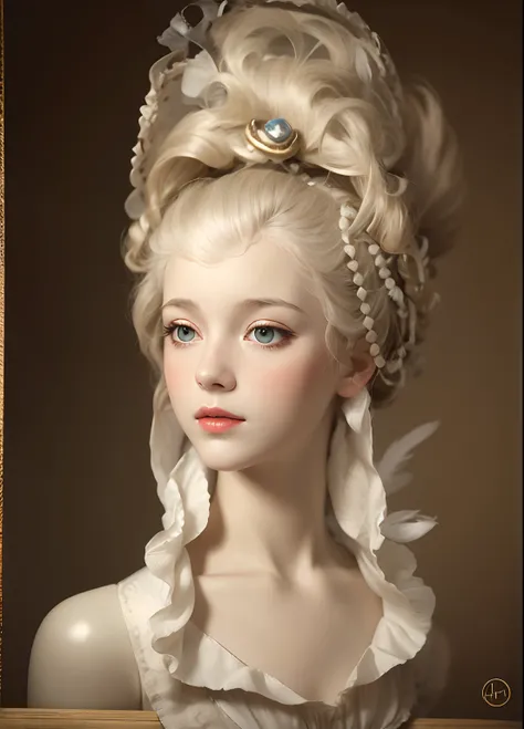 A closeup of a mannequin head with a white feather, rococo queen, cabelo barroco, Maria Antonieta, # RococoStyle, ivory rococo, 1 8th century style, rococo rococo hair, rococo fashion, RococoStyle, rococo portrait, dress in the style of rococo, rococo styl...