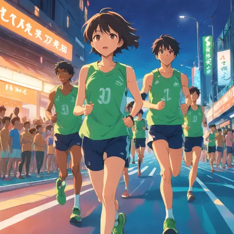 Fujifilms primetime film about the Velvia 50 features a group of black marathon runners wearing bright green branded clothing and sportswear, Ansioso para embarcar em uma maratona desafiadora. A grande angular inclui todo o grupo, Show your determination a...