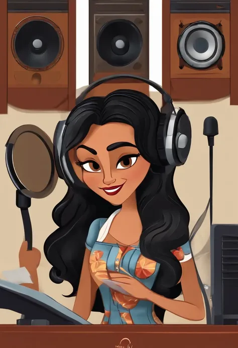 uma mulher de 40 anos, locutora, feliz, cabelos longos castanhos claros, olhos castanhos, batom vermelho, com fones de ouvido, falando ao microfone, Audio Desk at the Front, In a radio studio, Imagem no estilo Pixar, Estilo de filme animado 3D, Disney, cam...