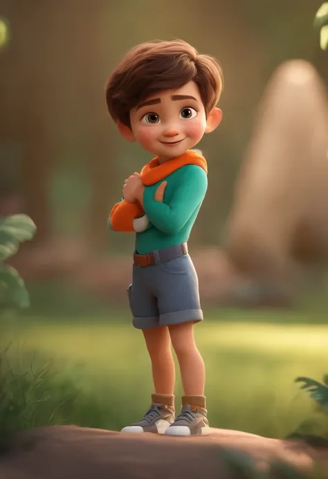 a happy cute kid standing short hair, vestindo uma fantasia espacial, , fundo branco, barnet, Tom, Estilo Pixar, ......3d, desenhos animados, rosto detalhado, asymmetrical 16k