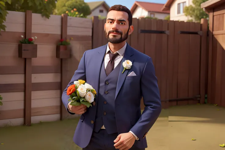 careca, com barbudo, with bouquet dress pants and wooden wall