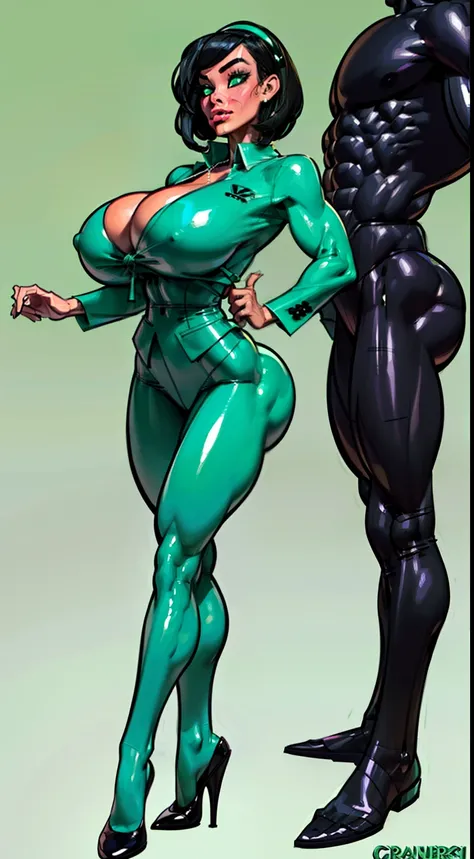 ((masterpiece)),(((best quality))), ((character design sheet)), ((full body view)) illustration,1girl, muscular, ((mintgreen office suit:1.4)), buttercup, (mintgreen hairband),((black hair:1.4)), greensuiys ((detailed face:1.4)) ((gigantic breasts:1.3)), b...