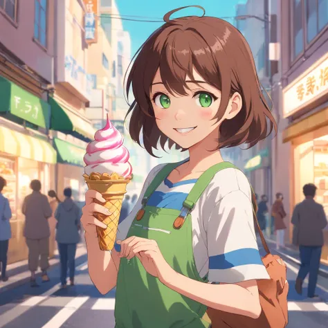 1 girl animated, brown hair, braces, green eyes, anime outfit, smiling, holding an ice cream on the street