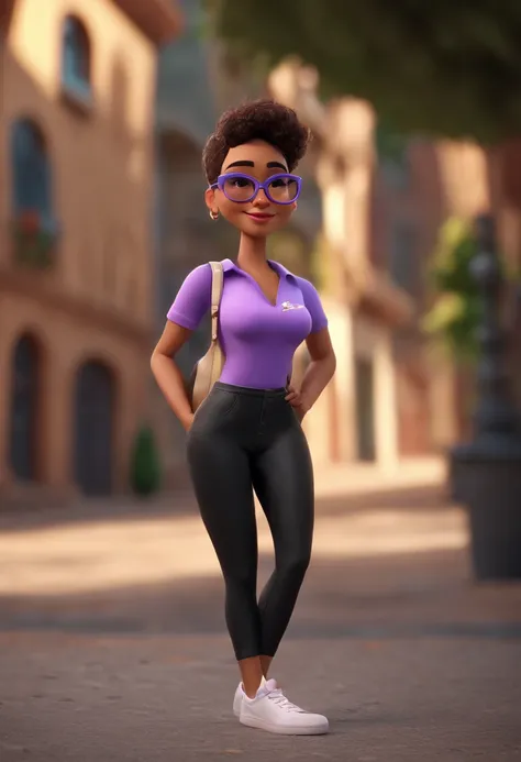 Cartoon character of a woman with lilac glasses and a black shirt, All Star Sweatpants & sneaker, cabelo curto Pixie CUT cacheado e grisalho,fofinha,boca carnuda,olhos mel,animation character, Caractere estilizado, animation style rendering, 3D estilizado,...