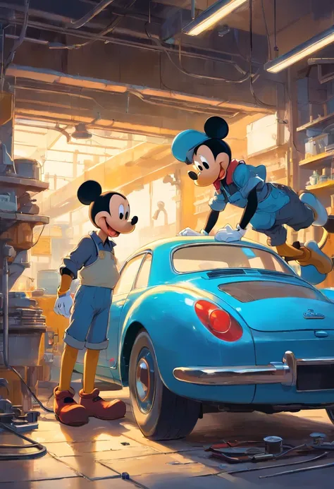 "A masterpiece illustration of Mickey Mouse and Donald Duck as a skilled mechanic repairing a car, With perfect body proportions and an impeccably detailed head, in high definition."