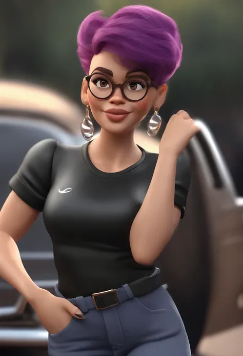 Cartoon character of a woman with lilac glasses and a black shirt, All Star Sweatpants & sneaker, cabelo curto Pixie CUT cacheado e grisalho,gordinha,boca carnuda,olhos mel,animation character, Caractere estilizado, animation style rendering, 3D estilizado...