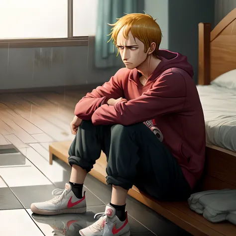 One piece law being sad with Nike hoodie and Yeezys on sitting down on a bed while raining outside