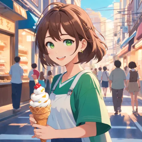 1 girl animated, brown hair long, braces, green eyes, anime outfit, smiling, holding an ice cream on the street, with cute earrings