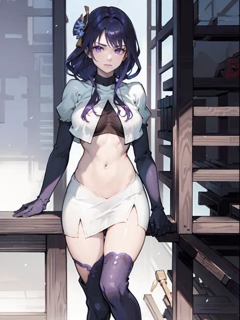 Raiden Shogun, Breasts, Purple hair,Purple eyes, Moles under eyes,1girl,team rocket,team rocket uniform,white skirt,crop top,black thigh-highs,black elbow gloves,