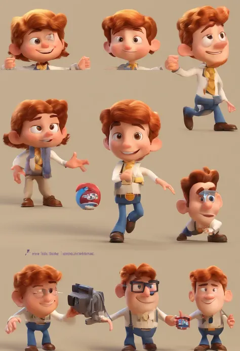 Estilo Pixar: O homem adulto gordo, olhos castanhos, trabalhando no seu computador, he video editor, com pouco cabelo, more very charismatic ,3D Poster,Disney