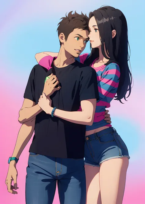 Brunette couple hugging, mulher com shorts preto e blusa preta com casaco marrom. Man in blue jeans and shirt with pink and blue stripe green background with lights. Disney pixer, alta qualidade, melhor qualidade